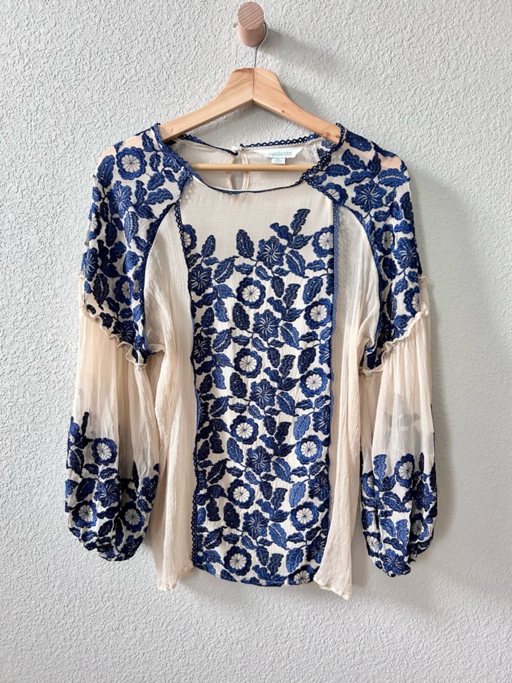 Sundance Luiza Silk Floral Embroidered Blouse Size XL Semi Sheer Cream Blue